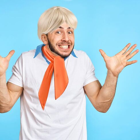 3 PCS Halloween Cosplay Costume Accessories Include Wig Orange Satin Square Scarf and Fake Blue Collar for Men Classic Characters Dress Up in Kuwait