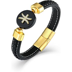 Zodiac Signs Multilayer Leather Bracelet for Mens Womens, 12 Constellation Black Bangle Wrap Bracelet, Gold Plated Stainless Steel Clasp