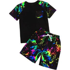 Floerns Boy's 2 Piece Outfit Raglan Sleeve Tie Dye Pocket Patched Tee and Drawstring Waist Track Shorts Sets