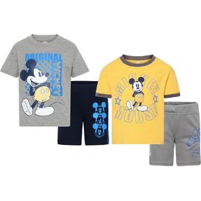 Disney Mickey Mouse Boys 4 Piece Mix and Match Short Sleeve T-shirts and Shorts Set for Toddlers and Big Kids
