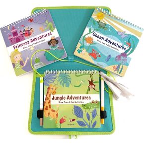 Kids Travel Educational Activity Book with Washable Markers - Car and Airplane Activities, Learning Toys for Toddlers- Reusable Stickers for Ages 4, 5, 6 (Jungle & 2 Extra Books)