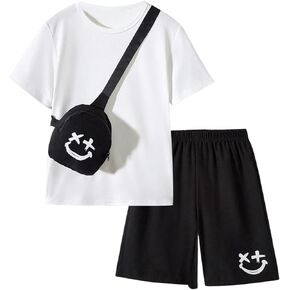 Boy's 3 Piece Cartoon Graphic Short Sleeve Round Neck Pullover Tee Top and Track Shorts with Bag Sets