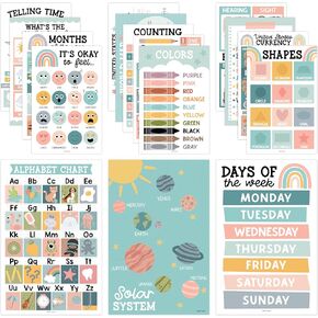 Hadley Designs 16 Educational Posters for Toddlers 1-3, Laminated Toddler Learning Posters for Preschool & Kindergarten, ABC Chart, Numbers, Colors, Shapes, Days of The Week, Boho Classroom Decor