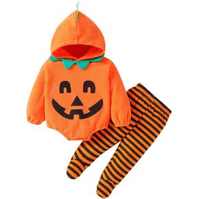 2Pcs Newborn Infant Baby Boy Girl Fleece Halloween Pumpkin Costumes Hoodie Romper Onesie Cotton Pants Outfit