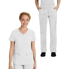 Healing Hands Scrub Set For Women with 7 Pockets, V-Neck Scrub Top 2245 and Knit Waistband Scrub Pant 9133, White- L Top/L Pant