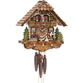 Cuckoo Clock Black Forest house with moving wood chopper and mill wheel KA 3702