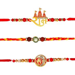 Set of 3 Ganesha & Rudraksha Rakhi for Brother Rakhee for Boys | Raksha Bandhan Shree Ram Rakhi for Brother Rakhi Set with Greeting Card & Roli Chawal