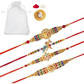 Set of 4 Rakhi for Brother Bhabhi and Bhaiya Bhatija Bhai Raksha Bandhan gift Rakhi Thread Rakhi with Roli Chawal and Greeting card gift pack in pouch/Potli bag