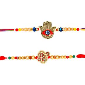 Set of 2 Rakhi for Brother with Raksha Bandhan Greeting Card & Roli Chawal Tika | Premium Hamsa Evil Eye Rakhi for Brother | Fancy Designer Rakhi for Small Brother Bhaiya | Rakhi Thread TRBRK013