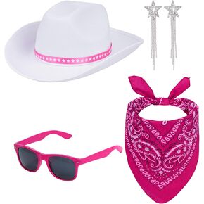 طقم أزياء راعية البقر الوردي الساخن قبعة راعية البقر البيضاء قبعة بيزلي باندانا ستار شرابة أقراط ونظارات شمسية لحفلة ديسكو الهالوين التأثيرية in Kuwait