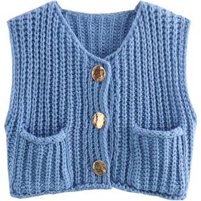 Womens Button Down Crop Sweater Vest Sleeveless Cable Knit Cropped Cardigan with Pockets(Blue-M)
