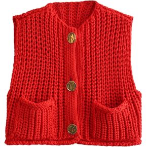 Womens Button Down Crop Sweater Vest Sleeveless Cable Knit Cropped Cardigan with Pockets(Red-M)