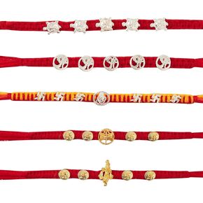 راخي للأخ - مجموعة من 5 قطع مع تصميم روحي بلمسة نهائية فضية وذهبية مؤكسدة لمصمم راكشا باندهان، خيط راخي لبهايا in Kuwait