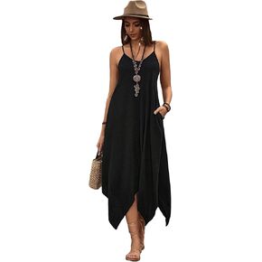 OYOANGLE Women's Boho Spaghetti Straps Irregular Hem Cami Beach Dress Solid Backless Midi Dresses with Pocket