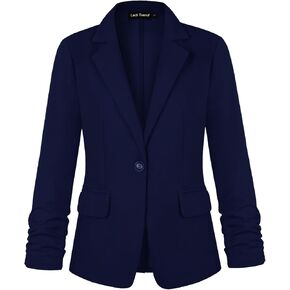 Women's Casual Single Button Front Blazer Ruched 3/4 Sleeve Notched Lapel Office Lightweight Blazers with Pockets