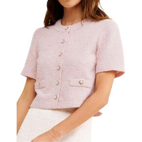 Women Short Sleeve Tweed Jacket Cropped Elegant Pearl Button Down Crew Neck Top Office Business Blazer