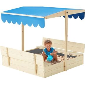 YOLENY Kids Wooden Outdoor Sandbox with UV50 Sun/Sand Protection Liner Function Canopy, 2 Foldable Bench Seats, Height Adjustable Roof, Protection Liner, for Backyard, Beach, Lawn, 13.3 Sq.
