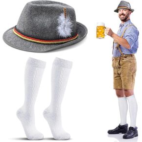 Hercicy 2 Pcs German Hat Socks Oktoberfest Costume Accessories Men Bavarian Hat Feather Knee Lederhosen Compression Socks