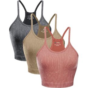 Women's Crop 3-Pack Washed Seamless Rib-Knit Yoga Camisole Crop Tank Tops - Racerback Sport Tank Tops