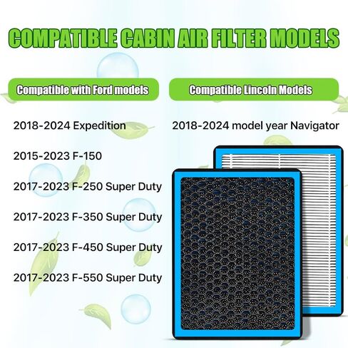 فلتر هواء المقصورة CF12150، استبدال Ford F150 بالكربون المنشط، متوافق مع Lincoln Navigator & Ford Expedition 2018-2024، 2015-2023 F150، 2017-2023 F250 F350 F450 F550 Super Duty in Kuwait