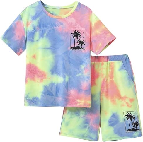 Verdusa Boy's 2 Piece Outfits Tie Dye Crew Neck Tee Shirts and Track Shorts in Saudi Arabia