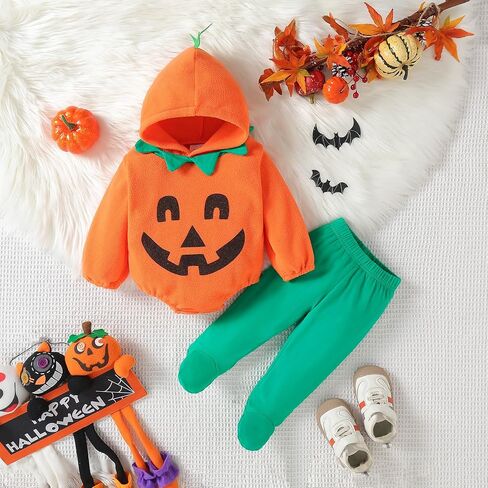 2Pcs Newborn Infant Baby Boy Girl Fleece Halloween Pumpkin Costumes Hoodie Romper Onesie Cotton Pants Outfit in Saudi Arabia