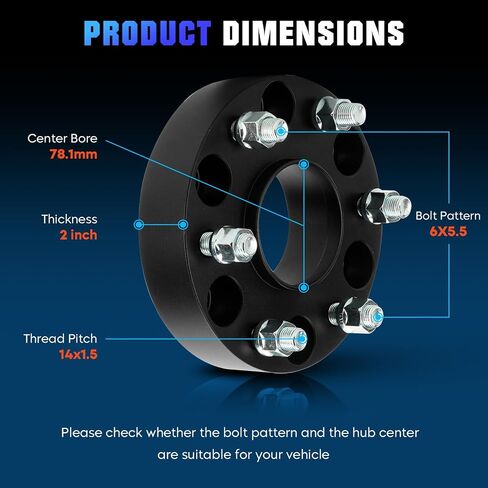 4PCS 2'' 6x5.5 Hubcentric Wheel Spacers Fit for Cadillac Escalade, Fit for Chevrolet Silverado 1500 Suburban, Forged Spacers with 78.1mm Hub Bore M14x1.5 Studs Fit for GMC Sierra 1500 Yukon in Saudi Arabia