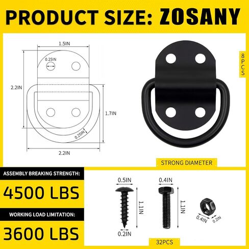 8PCS Heavy Duty D Ring Tie Down Anchor Hooks, Large D Ring Tie Down Anchors 3600LBS Breaking Strength, Tie Down Anchors with Bolts Screws for Trailer Truck RV Boats Camper Pickup Surface Mount in Saudi Arabia