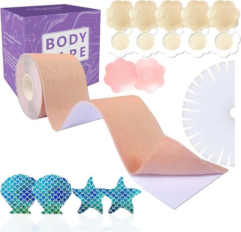 Boob Tape, Breast Lift Tape, Breathable And Sweatproof Breast Lift Straps,2 Silicone Breast Petals Reusable Gel Bras,10 Satin Petal Nipple Guards, 36 Pieces Double Face Tape Light Brown in Saudi Arabia