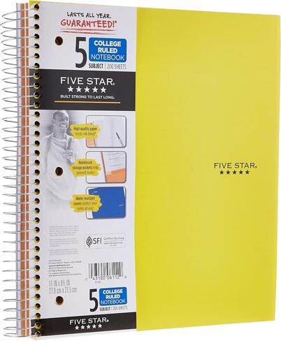 Five Star Spiral Notebooks, 5 Subject, College Ruled Paper, 200 Sheets, 11" x 8-1/2", Teal, Yellow, 2 Pack (73509) in Saudi Arabia