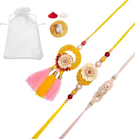 Set of 3 Rakhi Lumba for Brother Bhaiya Bhai Bhabhi and Bhatija Bhaiya Raksha Bandhan gift Rakhi Thread Rakhi with Roli Chawal and Greeting card gift pack in pouch/Potli bag in Saudi Arabia