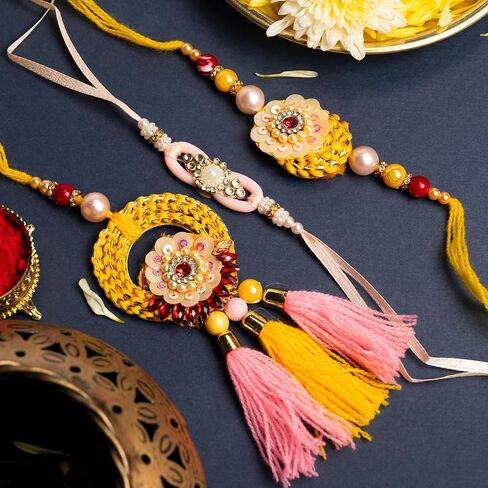 Set of 3 Rakhi Lumba for Brother Bhaiya Bhai Bhabhi and Bhatija Bhaiya Raksha Bandhan gift Rakhi Thread Rakhi with Roli Chawal and Greeting card gift pack in pouch/Potli bag in Saudi Arabia