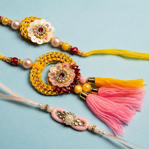 Set of 3 Rakhi Lumba for Brother Bhaiya Bhai Bhabhi and Bhatija Bhaiya Raksha Bandhan gift Rakhi Thread Rakhi with Roli Chawal and Greeting card gift pack in pouch/Potli bag in Saudi Arabia
