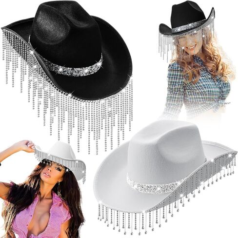 2 Pack DIY Rhinestone Fringe Cowgirl Hat with 1.5 Yard Shinny Tassel and Alphabet and Number Rhinestones for Men Women Cosplay Party Costume (black and white) in Saudi Arabia