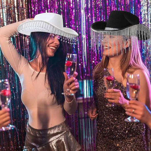 2 Pack DIY Rhinestone Fringe Cowgirl Hat with 1.5 Yard Shinny Tassel and Alphabet and Number Rhinestones for Men Women Cosplay Party Costume (black and white) in Saudi Arabia