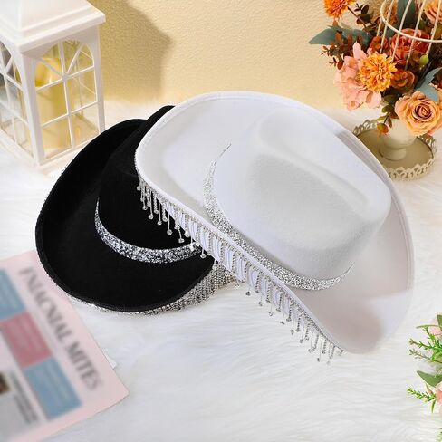 2 Pack DIY Rhinestone Fringe Cowgirl Hat with 1.5 Yard Shinny Tassel and Alphabet and Number Rhinestones for Men Women Cosplay Party Costume (black and white) in Saudi Arabia
