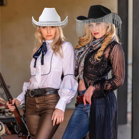 2 Pack DIY Rhinestone Fringe Cowgirl Hat with 1.5 Yard Shinny Tassel and Alphabet and Number Rhinestones for Men Women Cosplay Party Costume (black and white) in Saudi Arabia