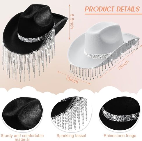2 Pack DIY Rhinestone Fringe Cowgirl Hat with 1.5 Yard Shinny Tassel and Alphabet and Number Rhinestones for Men Women Cosplay Party Costume (black and white) in Saudi Arabia