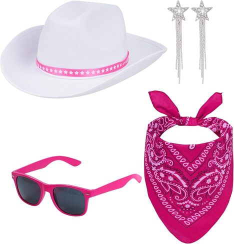طقم أزياء راعية البقر الوردي الساخن قبعة راعية البقر البيضاء قبعة بيزلي باندانا ستار شرابة أقراط ونظارات شمسية لحفلة ديسكو الهالوين التأثيرية in Kuwait