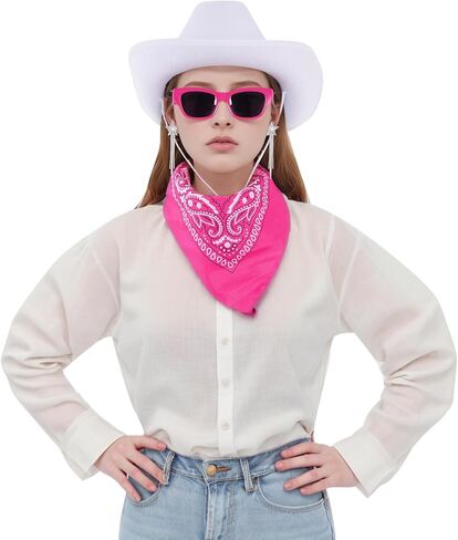 طقم أزياء راعية البقر الوردي الساخن قبعة راعية البقر البيضاء قبعة بيزلي باندانا ستار شرابة أقراط ونظارات شمسية لحفلة ديسكو الهالوين التأثيرية in Kuwait