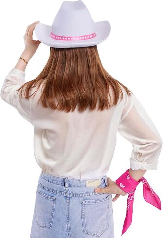 طقم أزياء راعية البقر الوردي الساخن قبعة راعية البقر البيضاء قبعة بيزلي باندانا ستار شرابة أقراط ونظارات شمسية لحفلة ديسكو الهالوين التأثيرية in Kuwait