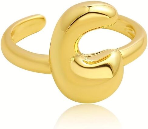 Bubble Letter Ring Gold For Women, Balloon Initial Open Alphabet A-Z Polished 14k Gold Plated Puffy Name Adjustable Statement Gift Jewelry in Kuwait