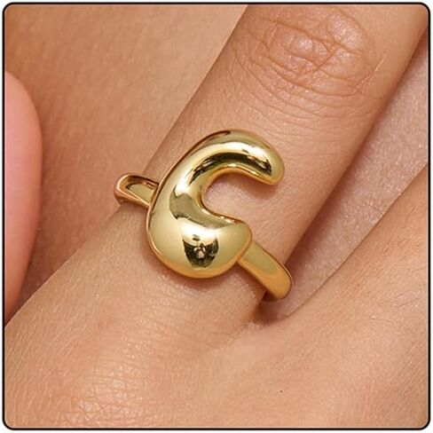 Bubble Letter Ring Gold For Women, Balloon Initial Open Alphabet A-Z Polished 14k Gold Plated Puffy Name Adjustable Statement Gift Jewelry in Kuwait