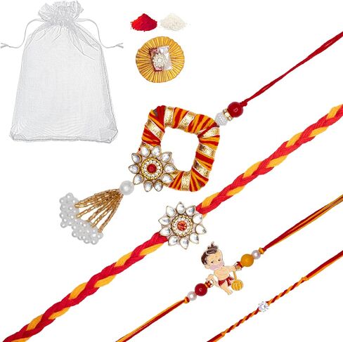 Set of 4 Rakhi Lumba for Brother Bhabhi and Bhatija Bhai Bhaiya Raksha Bandhan gift Rakhi Thread Rakhi with Roli Chawal and Greeting Card Gift Pack in Pouch/Potli bag in Saudi Arabia