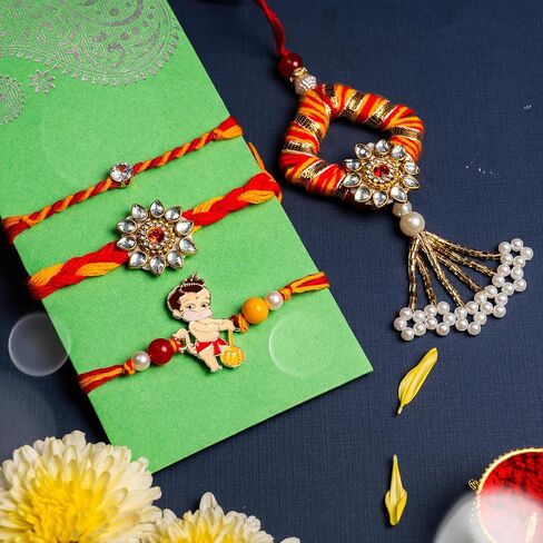 Set of 4 Rakhi Lumba for Brother Bhabhi and Bhatija Bhai Bhaiya Raksha Bandhan gift Rakhi Thread Rakhi with Roli Chawal and Greeting Card Gift Pack in Pouch/Potli bag in Saudi Arabia