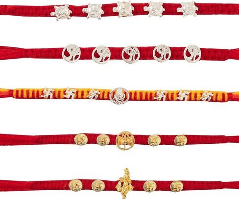 راخي للأخ - مجموعة من 5 قطع مع تصميم روحي بلمسة نهائية فضية وذهبية مؤكسدة لمصمم راكشا باندهان، خيط راخي لبهايا in Kuwait