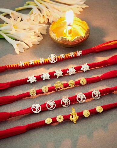 راخي للأخ - مجموعة من 5 قطع مع تصميم روحي بلمسة نهائية فضية وذهبية مؤكسدة لمصمم راكشا باندهان، خيط راخي لبهايا in Kuwait