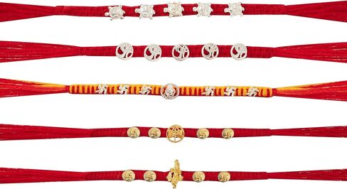 راخي للأخ - مجموعة من 5 قطع مع تصميم روحي بلمسة نهائية فضية وذهبية مؤكسدة لمصمم راكشا باندهان، خيط راخي لبهايا in Kuwait