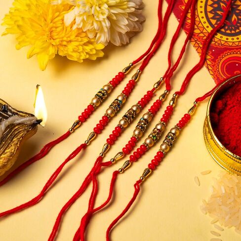 Set of 6 Rakhi for Brother Bhabhi and Bhatija Bhai Bhaiya Raksha Bandhan gift Rakhi Thread Rakhi with Roli Chawal and Greeting card gift pack in pouch/Potli bag in Saudi Arabia