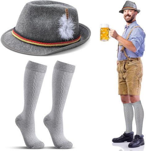 Hercicy 2 Pcs German Hat Socks Oktoberfest Costume Accessories Men Bavarian Hat Feather Knee Lederhosen Compression Socks in Kuwait